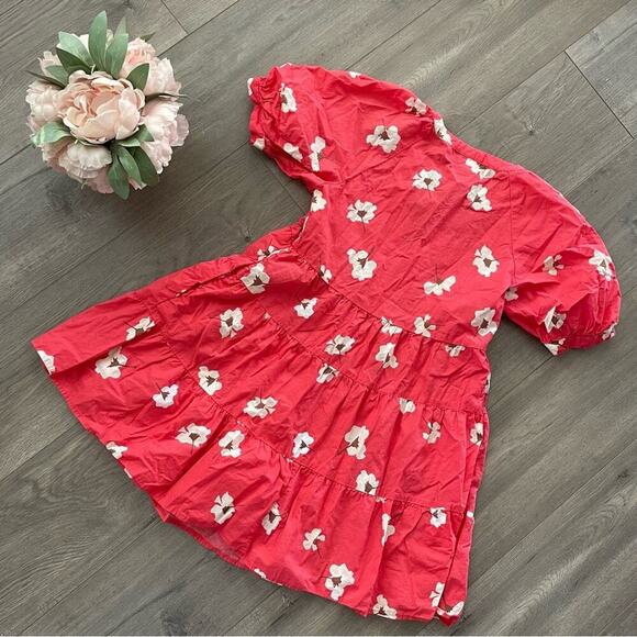 Universal Thread Red Floral Puff Sleeve Crinkle Tiered Mini Dress - Picture 5 of 7